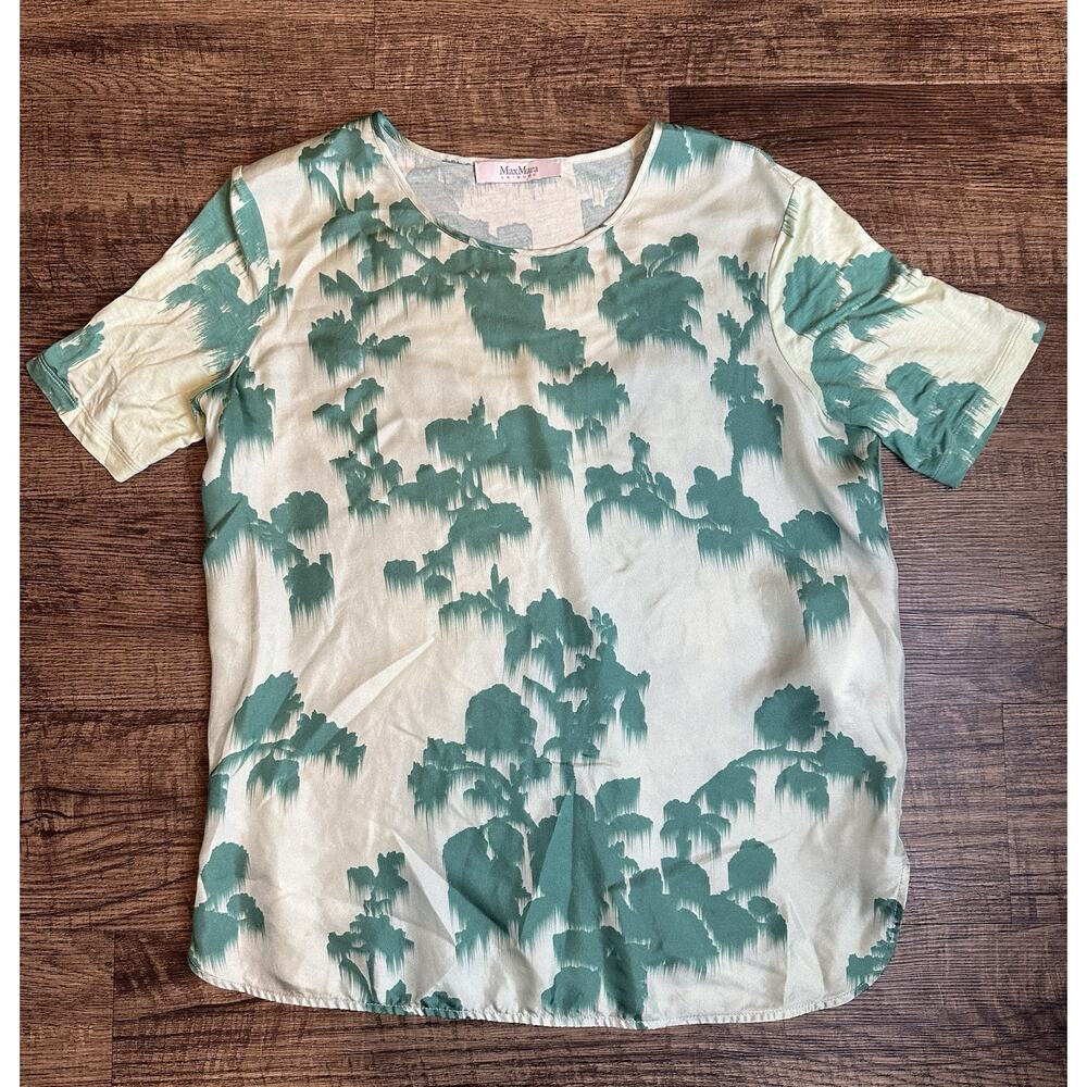 Max Mara Leisure Womens Satin Blouse Green Abstract Print Top Size M Italy
